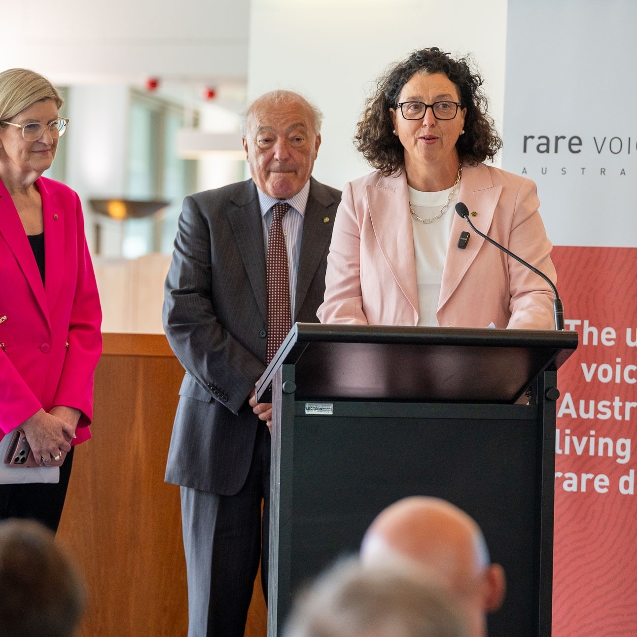 Senator Wendy Askew, Co-Chair, Parliamentary Friends of Australians Living with a Rare Disease with Dr Mike Freelander MP, Co-Chair, Parliamentary Friends of Australians Living with a Rare Disease and Dr Monique Ryan MP, Co-Chair, Parliamentary Friends of Australians Living with a Rare Disease. Speaking together at the event